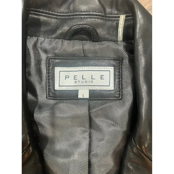 Pelle Studio Genuine Leather Blazer Jacket Womens L‎ Black Two Button Lapel